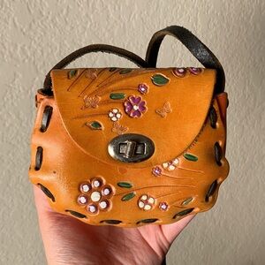 Floral Embellished Tan Leather Bag